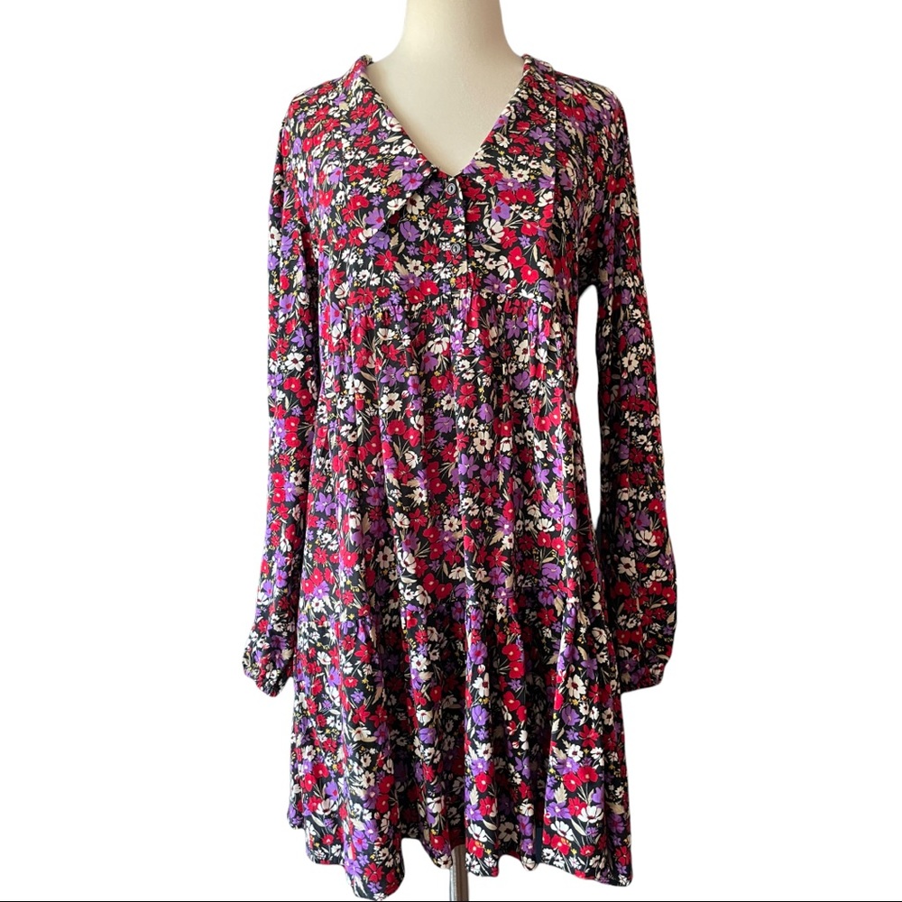 NWOT ASOS Floral dress L collared and tiered babydoll style pink purple retro